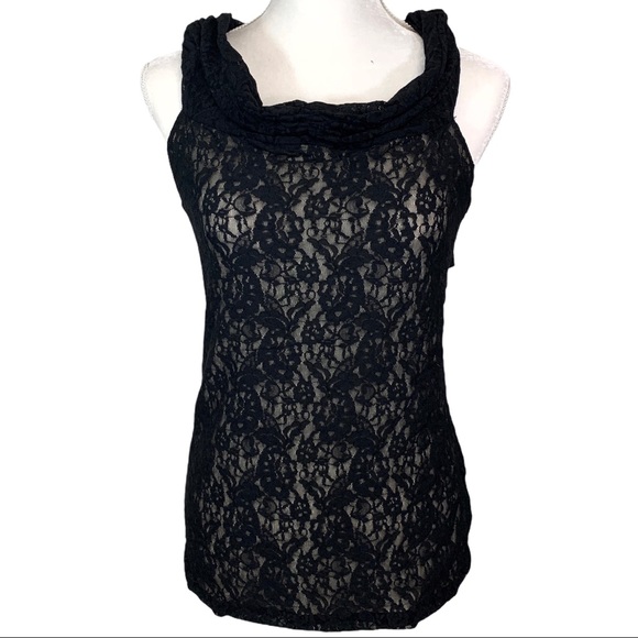 Moda Intl- Black Lace High Neckline Sexy Top -L - Picture 3 of 9